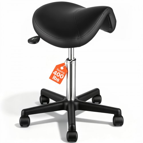 VEVOR Sattelhocker mit Rädern, 181 kg Gewichtskapazität, Ergonomischer Rollsattelhocker, Höhenverstellbar, Verdicktes PU-Leder, Drehsattelhocker, Stuhl für Salon, Spa, Klinik, Schwarz