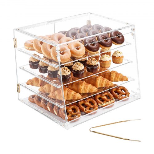 VEVOR Gebäckvitrine 4-stöckig, Gewerbliche Bäckereivitrine aus Transparentem Acryl, Thekenvitrine mit Magnetischer Rücktür & Abnehmbarer Trennwand für Kekse Desserts Donuts, 530 x 435 x 415 mm