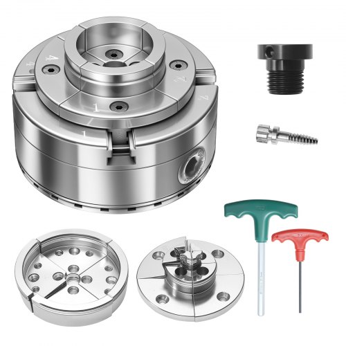 VEVOR Drechselfutter 4 Zoll, 4-Backen-Futter-Set Selbstzentrierend, mit Kegelradantrieb, 1 Zoll x 8 TPI-Gewinde, Adapter, Rund- und Stufenbacken, Vernickelter Hochfester Stahl, für Drechselbänke