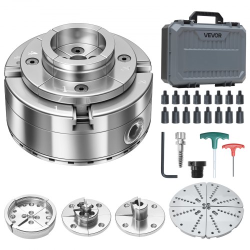 VEVOR 4-Zoll-Drechselfutter, Selbstzentrierendes 4-Backen-Futter-Set mit Kegelradgetriebe, 1 Zoll x 8 TPI-Gewinde, Adapter, 5 Backensätze, Transportkoffer, Vernickelt, für Drechselbänke