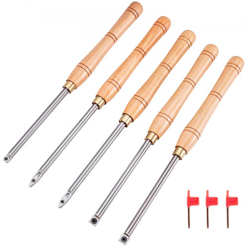 VEVOR Drehmeißel 5 PCS Drechselwerkzeug 12 mm Hartmetall Drehstahl mit Multifunktionale Vollhartmetalleinsatz Cutter, Round Shank Holzbearbeitungswerkzeug mit Holzgriff und Hartmetall 5 Schneider