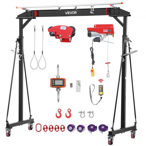 VEVOR Mobiler Portalkran mit 997,9kg Tragkraft, 243-363cm Höhenverstellbarer Stahl-Ladekran, Werkstattkran mit Manueller Laufkatze Elektrokettenzug & 360° Feststellrollen, Lastkran für Hebearbeiten