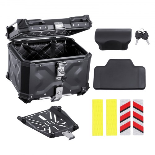 VEVOR Motorrad-Topcase Motorradkoffer 45 L Heckbox aus Aluminiumlegierung mit Lederfutter, abnehmbare Motorrad-Topbox mit Schloss & Rückenpolster, Helmkoffer (435 x 378 x 348 mm) Schwarz