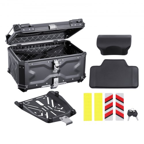 VEVOR Motorrad-Topcase Motorradkoffer 65 L Heckbox aus Aluminiumlegierung mit Lederfutter, abnehmbare Motorrad-Topbox mit Schloss & Rückenpolster, Helmkoffer (565 x 500 x 380 mm) Schwarz