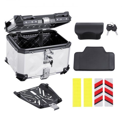 VEVOR Motorrad-Topcase Motorradkoffer 45 L Heckbox aus Aluminiumlegierung mit Lederfutter, abnehmbare Motorrad-Topbox mit Schloss & Rückenpolster, Helmkoffer (435 x 378 x 348 mm) Silber