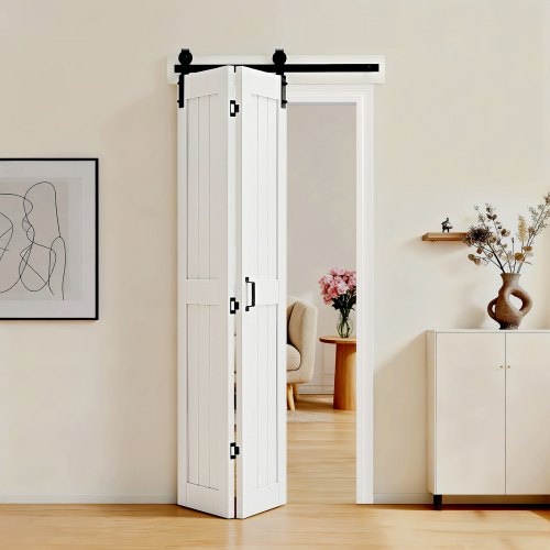VEVOR Faltbare Schiebetür im Scheunentor-Stil 914x2134 mm aus MDF, mit Beschlagsatz & Platzsparendem H-Rahmen-Design, Faltschiebetür für Schlafzimmer Wohnzimmer Weiß (Montage Erforderlich)
