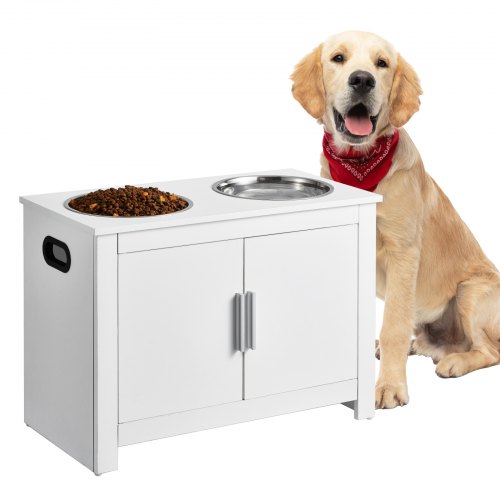 VEVOR Hunde Schrank Futterstation mit 2 Edelstahlnäpfen 60 x 30 x 44 cm, erhöhte Hundenäpfe mit Stauraum, Tierfutterschrank, Futternapf mit Doppeltür, Napfbar, Hundebar für extra große Hunde, Weiß