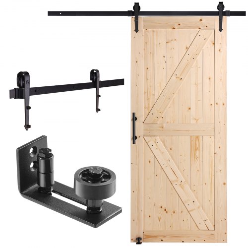 VEVOR Scheunentor und Hardware-Set, 91,4 x 213,4 cm Holz-Schiebetor, sanft und leise, Scheunentor-Set mit 8-in-1-Bodenführung und Türgriff, Fichtenholz-Platte