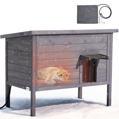 VEVOR Katzenhaus Outdoor 870 x 535 x 690 mm, Katzenhütte aus Holz, winterfeste Katzenhöhle mit 30-W-Heizkissen, PVC-Klapptür & Asphaltdach, Katzenunterstand für 1-3 Katzen im Winter,