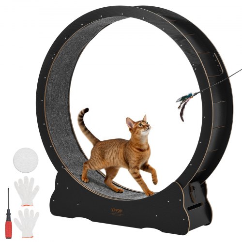 VEVOR Katzenlaufrad, 118 cm Innendurchmesser, Laufrad aus Holz für Katzen bis 13,6 kg, Katzenlaufband mit Teppichlauffläche & Verriegelungsmechanismus, leises Spielzeug für Wohnungkatzen, Schwarz