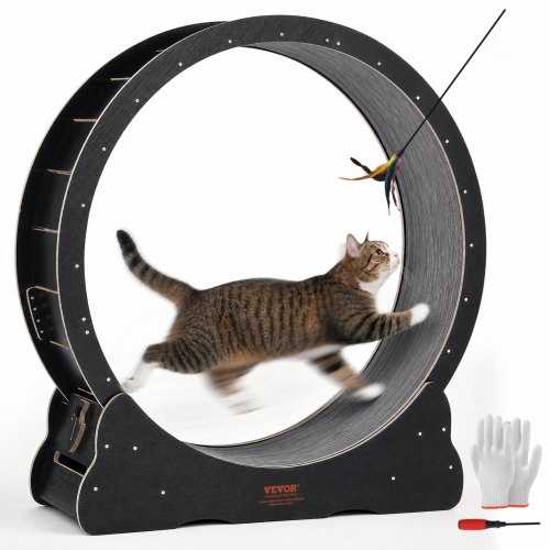 VEVOR Katzenlaufrad aus Holz, 110cm großes Katzenlaufband für Hauskatzen, Katzenlaufrad mit abnehmbarem Teppich & Katzenangel zum Laufen/Gehen/Trainieren, für die meisten Katzen geeignet, Schwarz