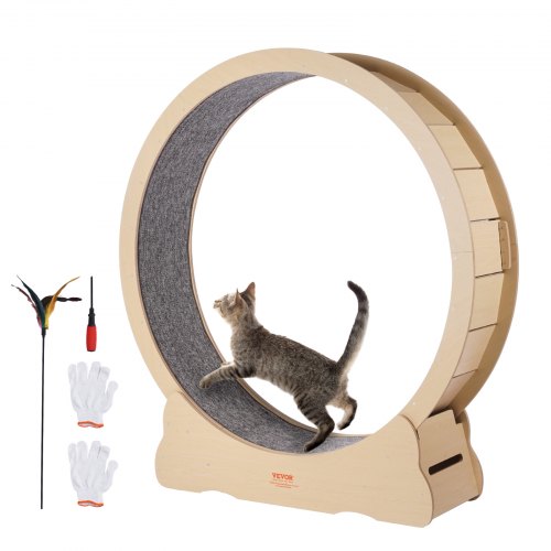 VEVOR Katzenlaufrad aus Holz, 132 cm großes Katzenlaufband für Hauskatzen, Katzenrad mit abnehmbarem Teppich und Katzenangel zum Laufen Trainieren, Sportspielzeuge für die meisten Katzen bis 13 kg