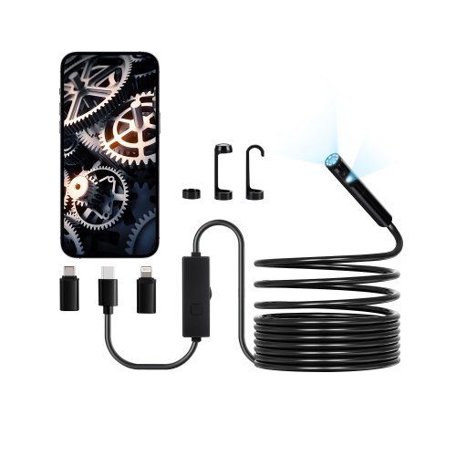 VEVOR Endoskopkamera mit Licht, Dual Lens Endoskop für Android & iOS, 1920P HD-Inspektionskamera mit 8+1 LED-Licht, 2-fachem Zoom, 5 m Kabel, wasserdichte IP67-Kanalkamera für Auto, Sanitär