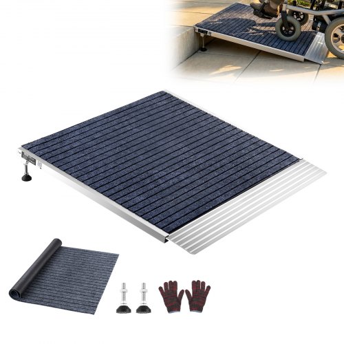 

VEVOR Schwellenrampe 915x915mm, 317,5kg Belastbare Rollstuhlrampe mit Verstellbarer Höhe, Rutschfeste Auffahrschiene aus Alu, Stabile Auffahrrampe für Rollstuhl Scooter Türschwelle Bordsteine Treppen