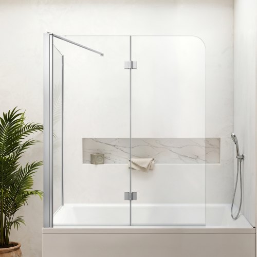 VEVOR Duschwand für Badewanne 70/120x140 cm Teilrahmenlos 6 mm Silber, Badewannenfaltwand Zweiflügelig Klares Sicherheitsglas Nano-Beschichtung 180° Faltbar 1 Festes & 2 Faltbare Paneele Silber