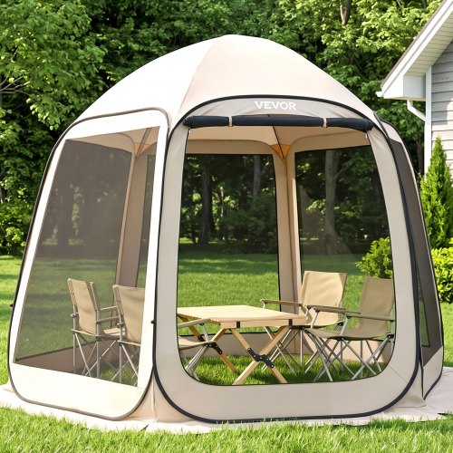 VEVOR Pop up Zelt, 304,8 x 280,4 cm, Campingzelt für 4-8 Personen, Partyzelt inklusive Tragetasche, Seitenwänden aus Netz und Heringen, für Garten, Terrasse und Outdoor-Aktivitäten, Beige