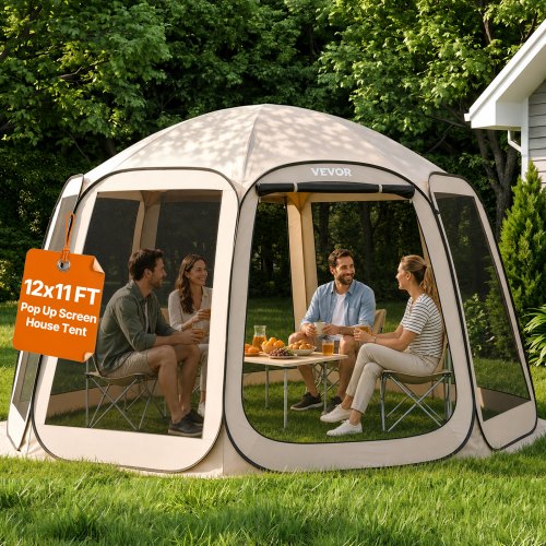 VEVOR Pop-Up-Zelt, 365,76x335,28 cm, tragbares Campingzelt für 10–12 Personen, mit Netz, Tragetasche, Seitenwänden und Heringen, für Garten, Terrasse und Outdoor-Aktivitäten, Beige