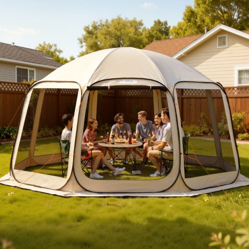

VEVOR Campingzelt, 457,2x420,6x245 cm, Partyzelt für 12–15 Personen, Pop Up Zelt, inkl. Tragetasche, Netz-Seitenwände und Heringen, für Garten, Terrasse und Outdoor-Aktivitäten, Beige