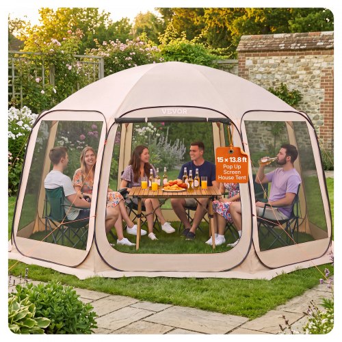 VEVOR Campingzelt, 457,2x420,6x245 cm, Partyzelt für 12–15 Personen, Pop Up Zelt, inkl. Tragetasche, Netz-Seitenwände und Heringen, für Garten, Terrasse und Outdoor-Aktivitäten, Beige