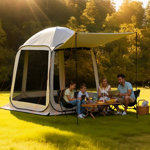 

VEVOR Campingzelt, 304,8 x 280,4 cm, Pop-up-Zelt mit ausziehbarer Markise, tragbares Partyzelt für 4–8 Personen mit Tragetasche und Seitenwänden, für Terrasse und Outdoor-Aktivitäten, Beige