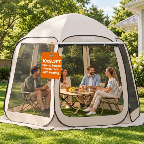 VEVOR Campingzelt, 304,8 x 280,4 cm, Pop-up-Zelt mit ausziehbarer Markise, tragbares Partyzelt für 4-8 Personen mit Tragetasche und Seitenwänden, für Terrasse und Outdoor-Aktivitäten, Beige