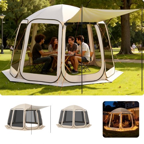 VEVOR Campingzelt, 365,76x335,28x230 cm, Pop-up-Zelt mit ausziehbarer Markise, Partyzelt für 10-12 Personen, inkl. Tragetasche & Netz-Seitenwände, für Terrasse & Outdoor-Aktivitäten, Beige