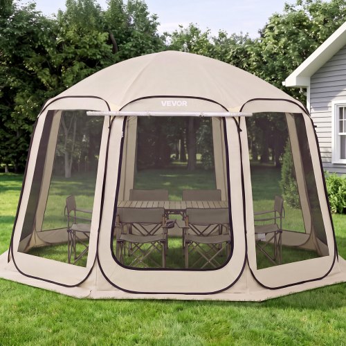 VEVOR Campingzelt, 365,76x335,28x230 cm, Pop-up-Zelt mit ausziehbarer Markise, Partyzelt für 10–12 Personen, inkl. Tragetasche & Netz-Seitenwände, für Terrasse & Outdoor-Aktivitäten, Beige