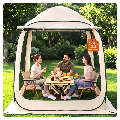 VEVOR Campingzelt, 182,88x182,88x219,4 cm, Pop-up-Zelt mit ausziehbarer Markise, tragbares Partyzelt für 4-6 Personen, inkl. Tragetasche & Seitenwänden, für Terrasse & Outdoor-Aktivitäten, Beige