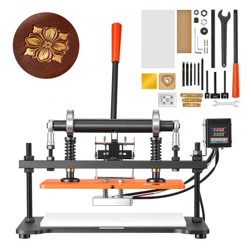 VEVOR Beheizte Lederschneidemaschine 360x260 mm Lederdruckmaschine 500 W, für Lederprägen & Stanzen, 1,5 Tonnen Druck, 12 mm Hub, Zwei Führungswellen, 26 Kupferbuchstabenstempel & 50 Heißprägefolien