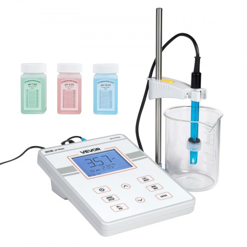 

VEVOR Tisch-pH-Meter, Messbereich pH 0–14, Labortester-Set mit Hintergrundbeleuchtung, Kalibrierlösungen, Netzteil, Speicher für bis zu 50 Messwerte, für Temperatur- & Wasserqualitätsmessungen