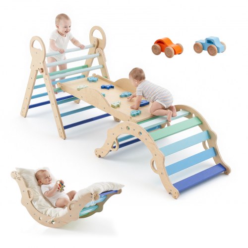 VEVOR Kletterdreieck, 9-in-1 Kletterspielzeug, mit Holzautos, Kissen, Kletterdreieck, Rutsche & Kletterbogen, bis 68 kg, Montessori Indoor Spielset für Kinder im Alter von 1 bis 3 Jahren, Blau