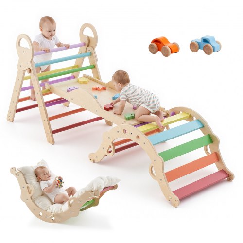 VEVOR Kletterdreieck, 9-in-1 Kletterspielzeug, mit Holzautos, Kissen, Kletterdreieck, Rutsche & Kletterbogen, bis 68 kg, Montessori Indoor Spielset für Kinder im Alter von 1 bis 3 Jahren, Mehrfarbig