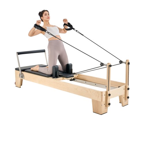 VEVOR Pilates Reformer Trainingsgerät aus Holz für den Einsatz im Heim-Fitnessstudio, Pilates-Bett mit doppeltem Widerstand – Feder & Kordel, Ausrüstung mit Sitzbox , bis zu 181,44 kg