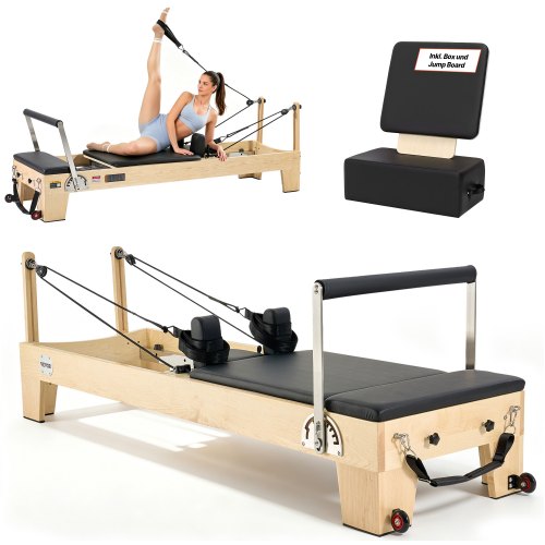 VEVOR Pilates Reformer Trainingsgerät aus Holz für den Einsatz im Heim-Fitnessstudio, Pilates-Bett mit doppeltem Widerstand – Feder & Kordel, Ausrüstung mit Sitzbox , bis zu 181,44 kg