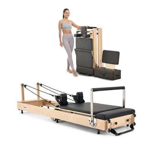 

VEVOR faltbarer Pilates Reformer Trainingsgerät aus Holz für den Einsatz im Heim-Fitnessstudio, Pilates-Bett mit doppeltem Widerstand – Feder & Kordel, Ausrüstung mit Sitzbox, bis zu 181,44 kg