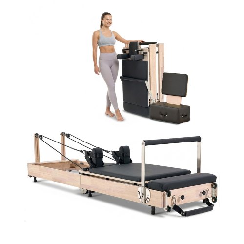 

VEVOR faltbarer Pilates Reformer Trainingsgerät aus Gummibaumholz für Heim-Fitnessstudio, Pilates-Bett mit doppeltem Widerstand – Feder & Kordel, Ausrüstung mit Sitzbox, bis zu 181,44 kg