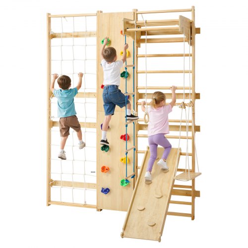 VEVOR schwedische Leiterwand 9 in 1 12-stufiges Kletterspielzeug aus Massivholz 100 kg belastbares Indoor-Klettergerüst mit Kletterwand Turnringen Klimmzugstange Rutsche Schaukel