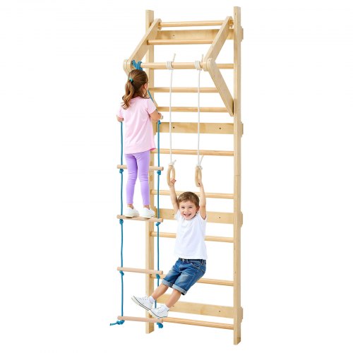 VEVOR schwedische Leiterwand 4 in 1 8-stufiges Kletterspielzeug aus Massivholz 100 kg belastbares Indoor-Klettergerüst mit Turnringen Klimmzugstange Strickleiter Wandleiter