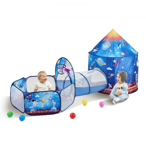 VEVOR 3-in-1-Kinderspielzelt mit Tunnel für Jungen Mädchen Babys und Kleinkinder Pop-Up-Spielhaus für drinnen und draußen mit Tragetasche und Bindebändern königsblaues Raketenthema