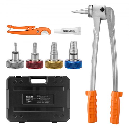 VEVOR 7 tlg. PEX-Rohrerweiterungswerkzeug-Set, Manueller Rohrexpander Satz mit 4 Formmatrizen für 9,52mm 12,7mm 19mm 25,4mm, PEX-Rohr-Expander mit Rohrschneider für Heizung & Wasserleitungssystem