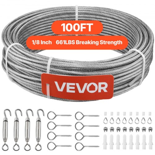 VEVOR Edelstahldrahtseil φ3,2 mm 30,5 m Länge, Drahtseil aus Edelstahl 304 mit einer Bruchlast von 2,94 kN, 7x7 Litzen Stahldraht, Geländerseil für Terrassengeländer, Gartenspaliere