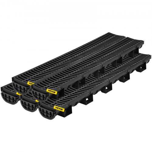 VEVOR Entwässerungsrinne Set, 5er-Pack, HDPE-Kunststoff-Gitterrost-Grabenentwässerungssystem 14,5 x 8 x 100 cm, mit 5 Endkappen, Steckverbindung, für Gartenablauf, Auffahrt, Pool, Gehweg