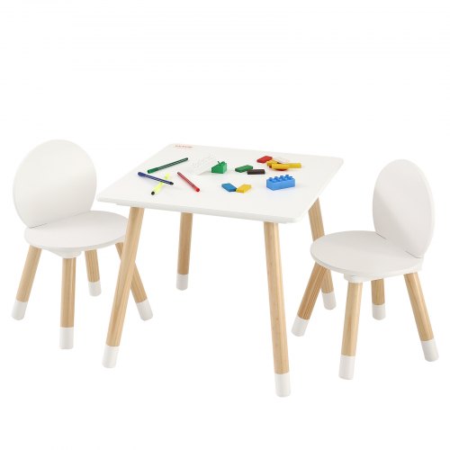 VEVOR Kindersitzgruppe Kindertisch, 2 Kinderstühle 1 Tisch Kindersitzgruppe aus Kiefernholz, Kindertisch-Set Stabile Kindermöbel Sitzmöbel für Kinder, Mädchen, Jungen, Spielzimmer Kindermöbelset Weiß