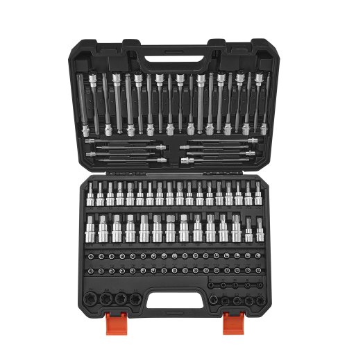 

VEVOR Bohrer-Steckschlüsselsatz, 107-tlg. Sechskant/Torx/Außen-Torx/manipulationssicher/extra lang, S2-Legierungsstahl und Cr-V-Stahl, 1/4, 3/8 und 1/2 Zoll Antrieb, mit Aufbewahrungskoffer