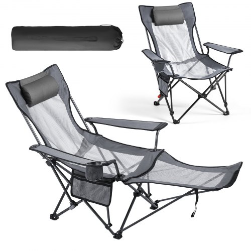 VEVOR Campingstuhl faltbar, Liegestuhl mit 4 verstellbaren Positionen, Relaxsessel Liege mit Getränkehalter, Netz-Strandstuhl mit Kopfstütze & Fußstütze, trägt 100 kg , für Outdoor Camping, grau