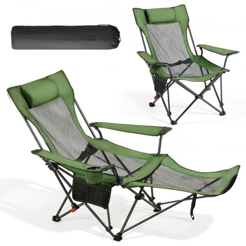 VEVOR Campingstuhl faltbar, Liegestuhl mit 4 verstellbaren Positionen, Relaxsessel Liege mit Getränkehalter, Netz-Strandstuhl mit Kopfstütze & Fußstütze, trägt 100 kg, für Outdoor Camping, grün