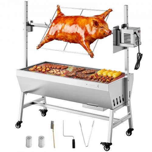 

VEVOR Drehspießgrill 38 W Spanferkelgrill Lammgrill Holzkohlegrill (94 cm Grilllänge) mit 60 kg Tragkraft & Rädern & 7-facher Höhenverstellung, Edelstahl-Elektrogrill-Set für Camping Outdoor