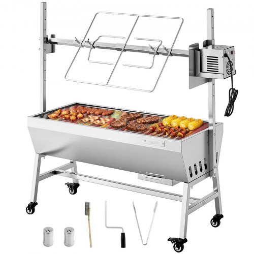 VEVOR Rotisserie Grill 38 W voor speenvarken, lamsvlees of houtskool (94 cm grilllengte) met een draagvermogen van 60 kg, wielen en 7-voudige hoogteverstelling, roestvrijstalen elektrische grillset voor kamperen en buitengebruik