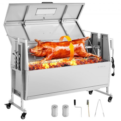 VEVOR Drehspießgrill 38 W Spanferkelgrill Lammgrill Holzkohlegrill (1168,4 mm Grilllänge) mit 60 kg Tragkraft & Rädern & 4-facher Höhenverstellung & Deckel, Edelstahl-Elektrogrill-Set für Camping