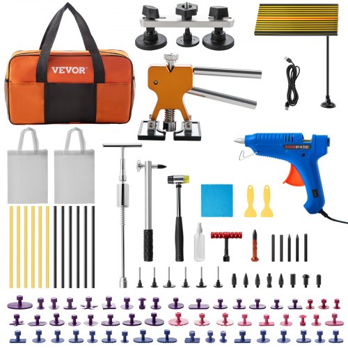 

VEVOR 89 Stk. Auto Dellen Reparaturset professionell, Paintless Ausbeulwerkzeug, DIY Repair Puller kit Dent Removal Tool, Hagel Reparatur, LED Reflektierende Platte Gleithammer Dellenheber T-Stange